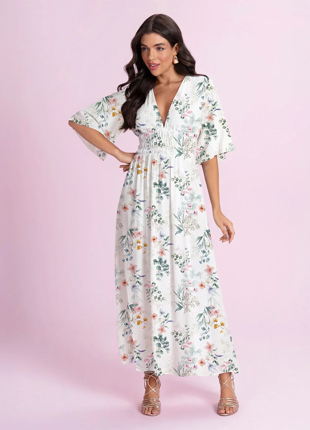 Angel - Vestido Midi Viscose Estampada Branco