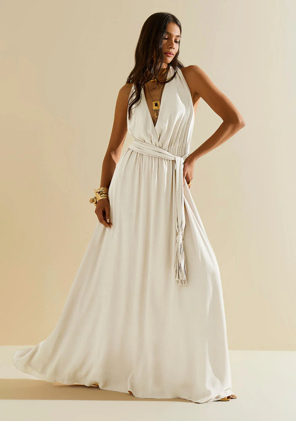 Vestido Morena Rosa Ajustado Decote Transpassado Sem Manga Longo Off White