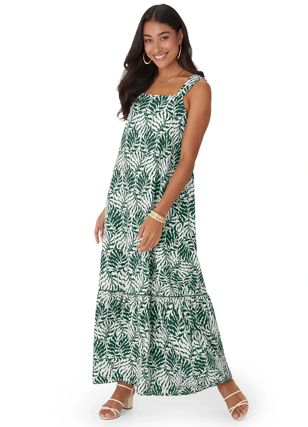 Malwee - Vestido Longo Amplo Folhagens Verde