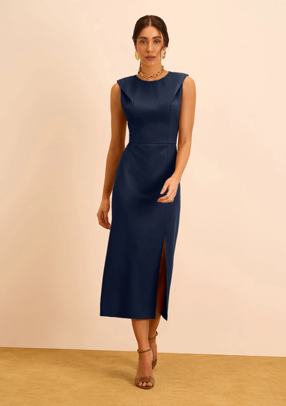 Vestido Maria.Valentina Ajustado Decote Careca Sem Manga Midi Azul Escuro