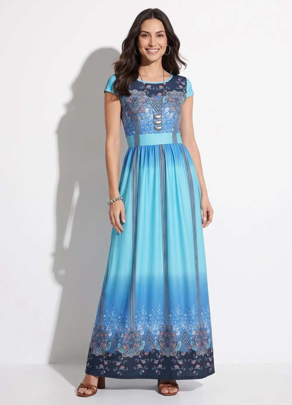 Quintess - Vestido Longo Cashmere Azul com Manguinhas