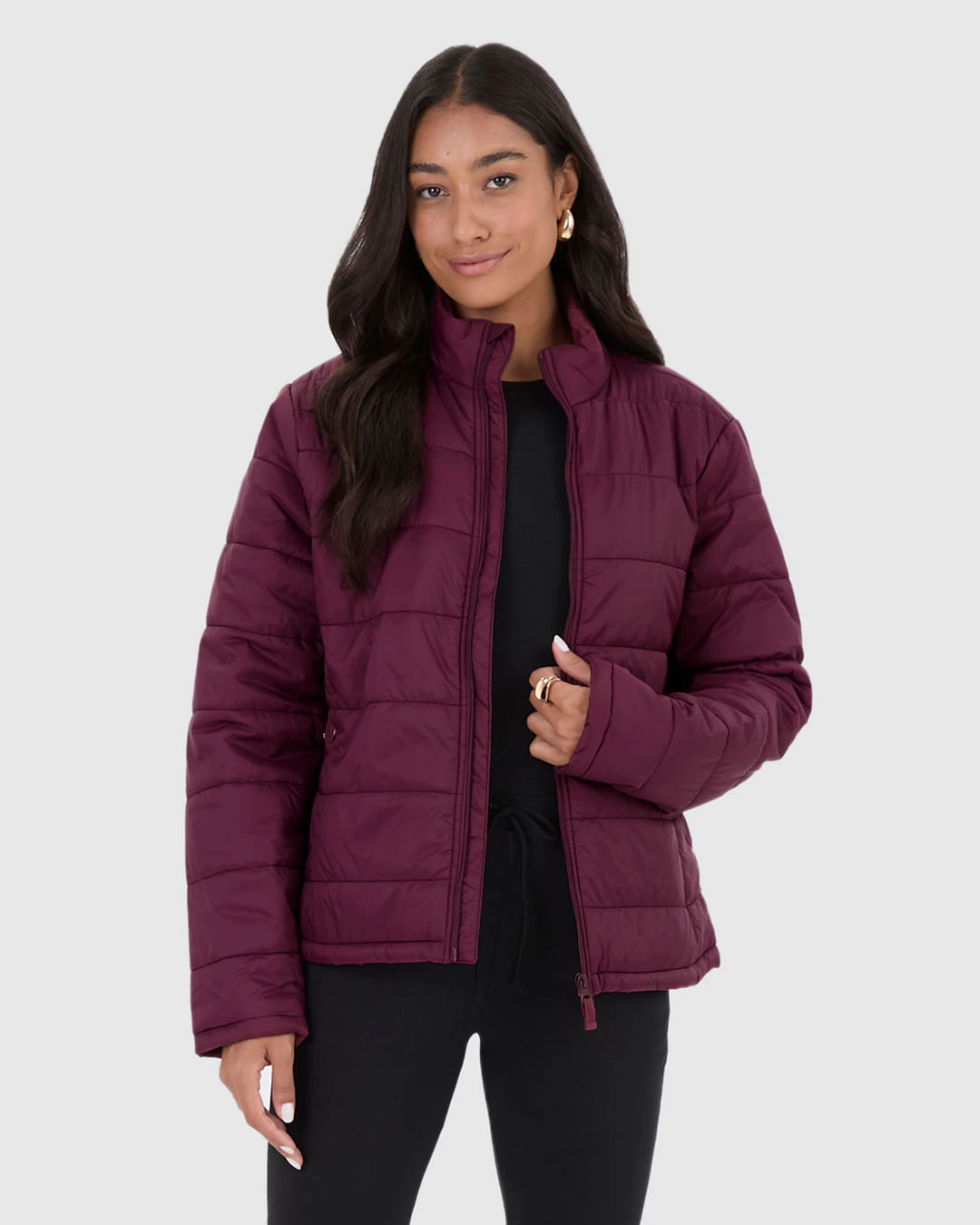 Jaqueta Básica Feminina Puffer Bolso Funcional Em Nylon