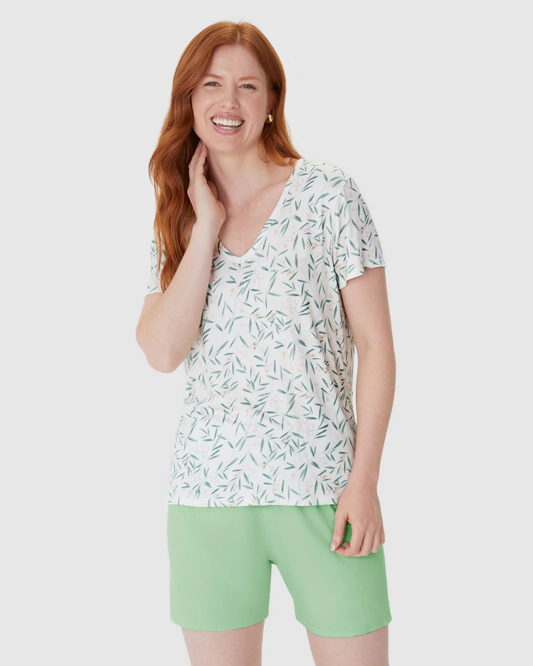 Pijama Curto Feminino Blusa Decote V Estampada Em Viscose Stretch
