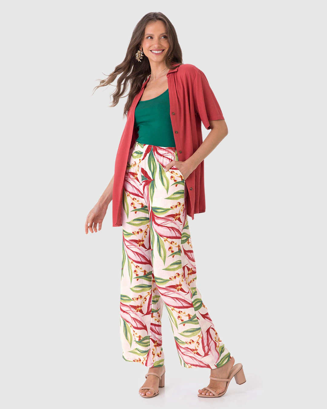 Calça Wide Leg Feminina Estampada Bolso Faca Em Viscose Lurex