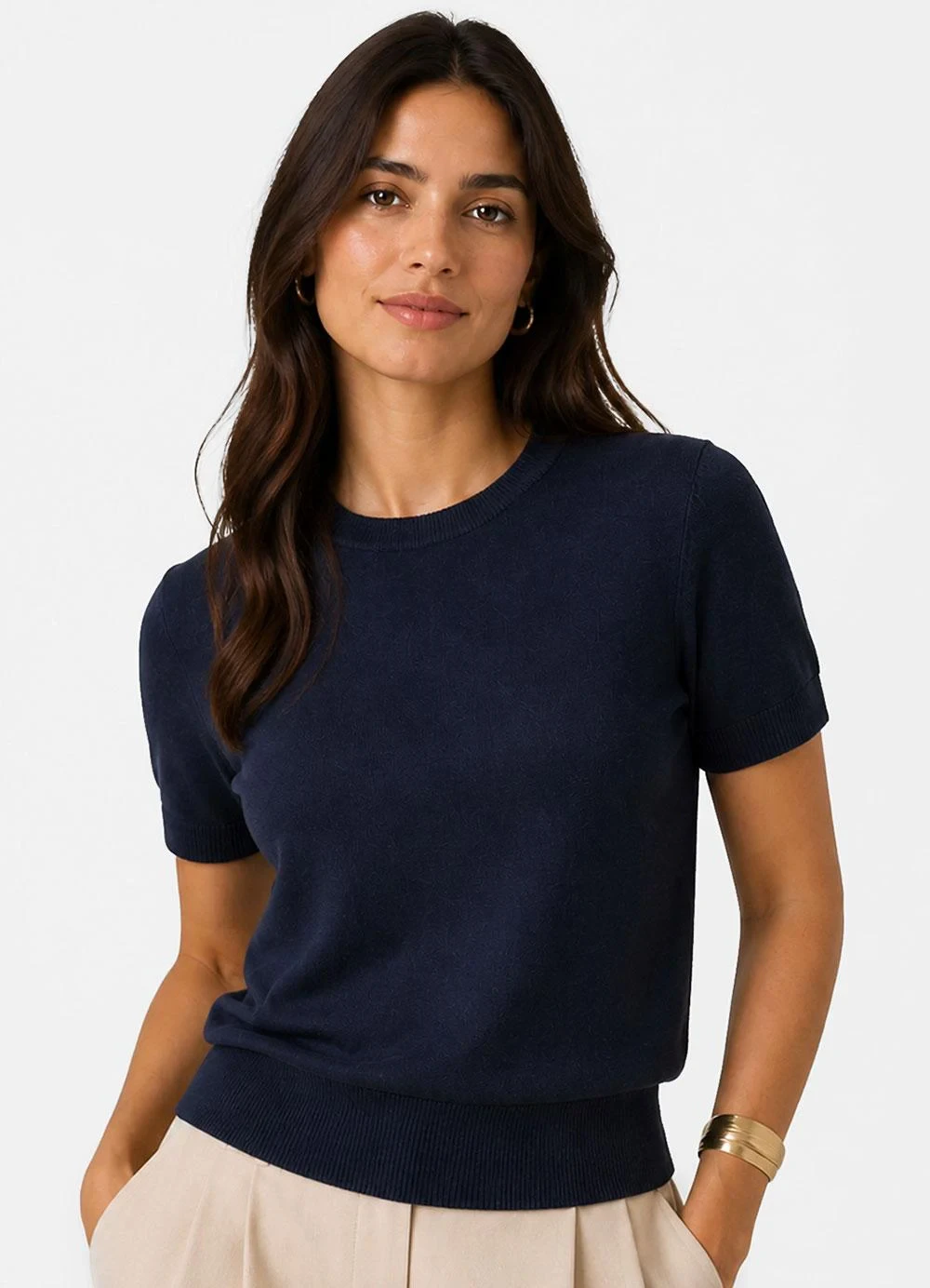 Infinita Cor - Blusa Feminina Manga Curta em Tricot Azul