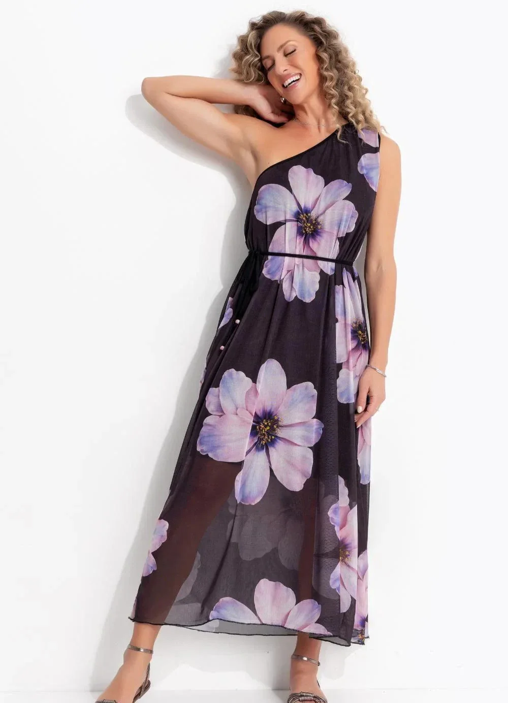 Quintess - Vestido Longuete Ombro Só em Tule com Estampa Floral Maxi e Cordão na Cintura