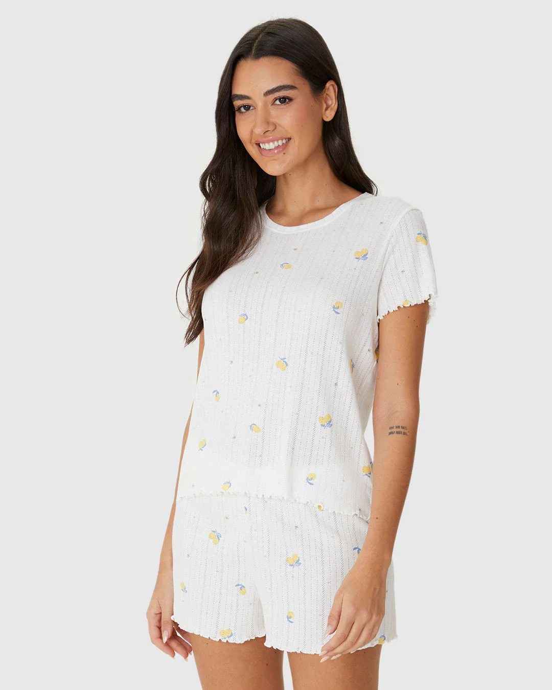 Pijama Curto Feminino Estampado Blusa Manga Curta Malha Jacquard Texturizada