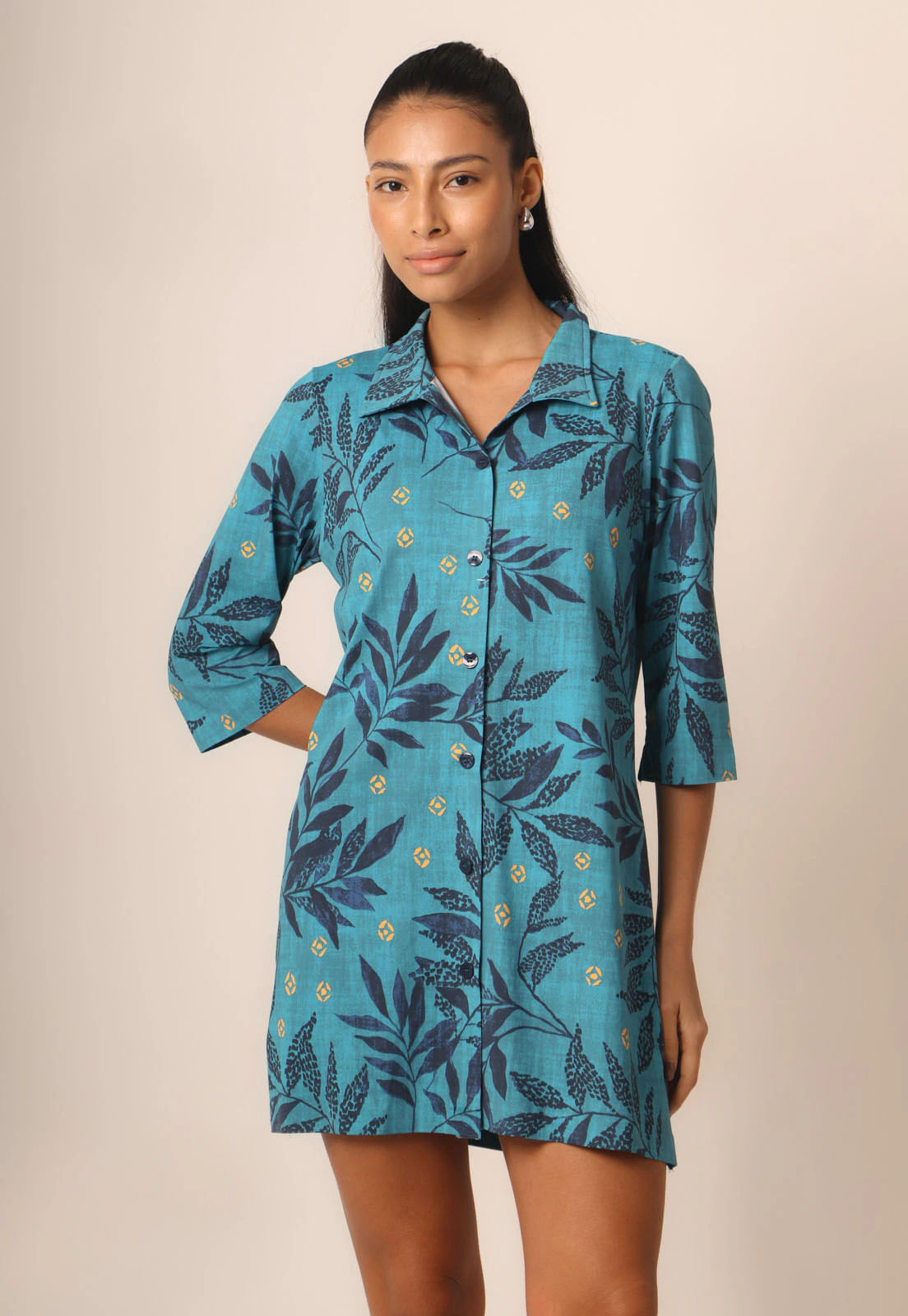 Camisão Fluxy Com Gola Manga 3/4 - Nature Print Blue