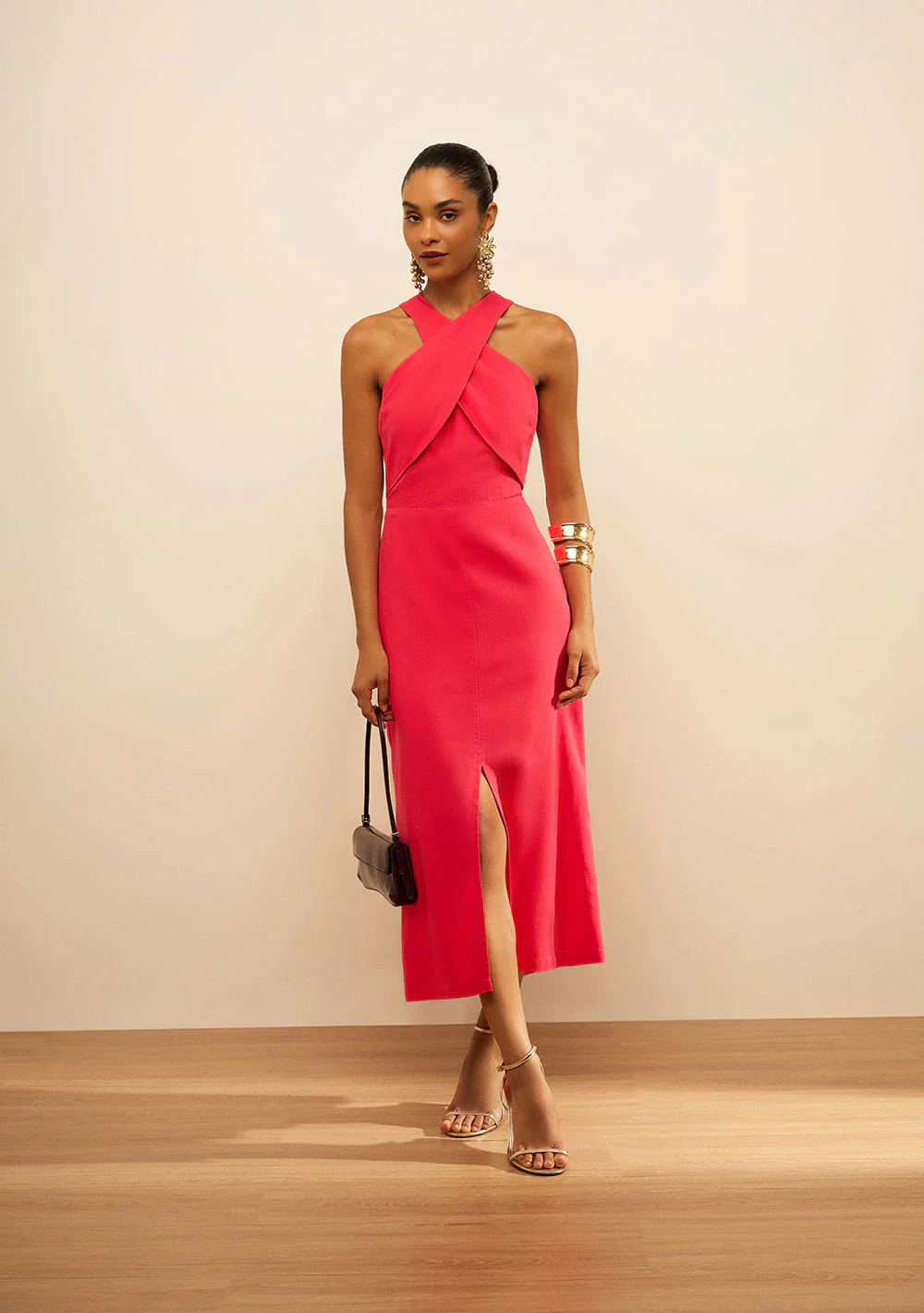 Vestido Maria.Valentina Solto Decote Transpassado Sem Manga Midi Rosa
