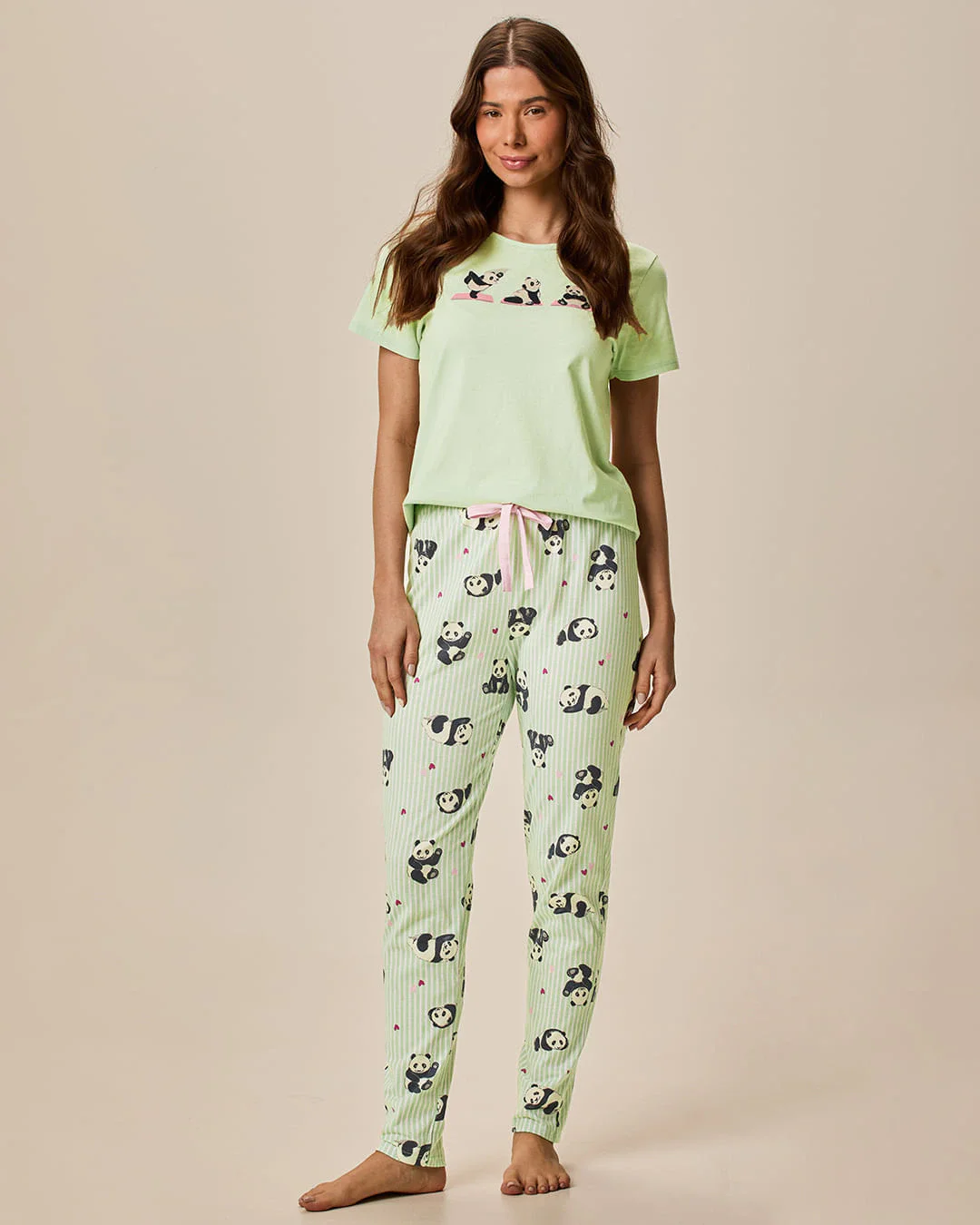 Pijama Longo Feminino Blusa Estampa Puf E Calça f Em Malha 100% Algodão