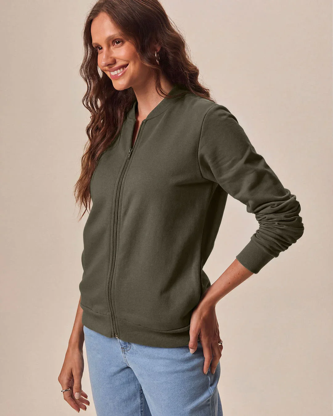 Jaqueta Básica Feminina Bolso Lateral Em Moletom Flanelado