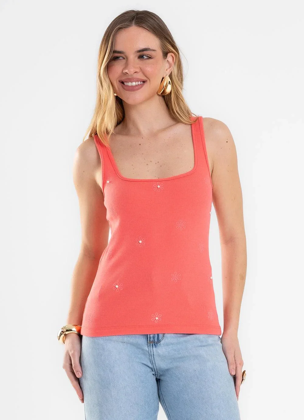 Rovitex - Regata Feminina Justa com Relevo Rebite Laranja