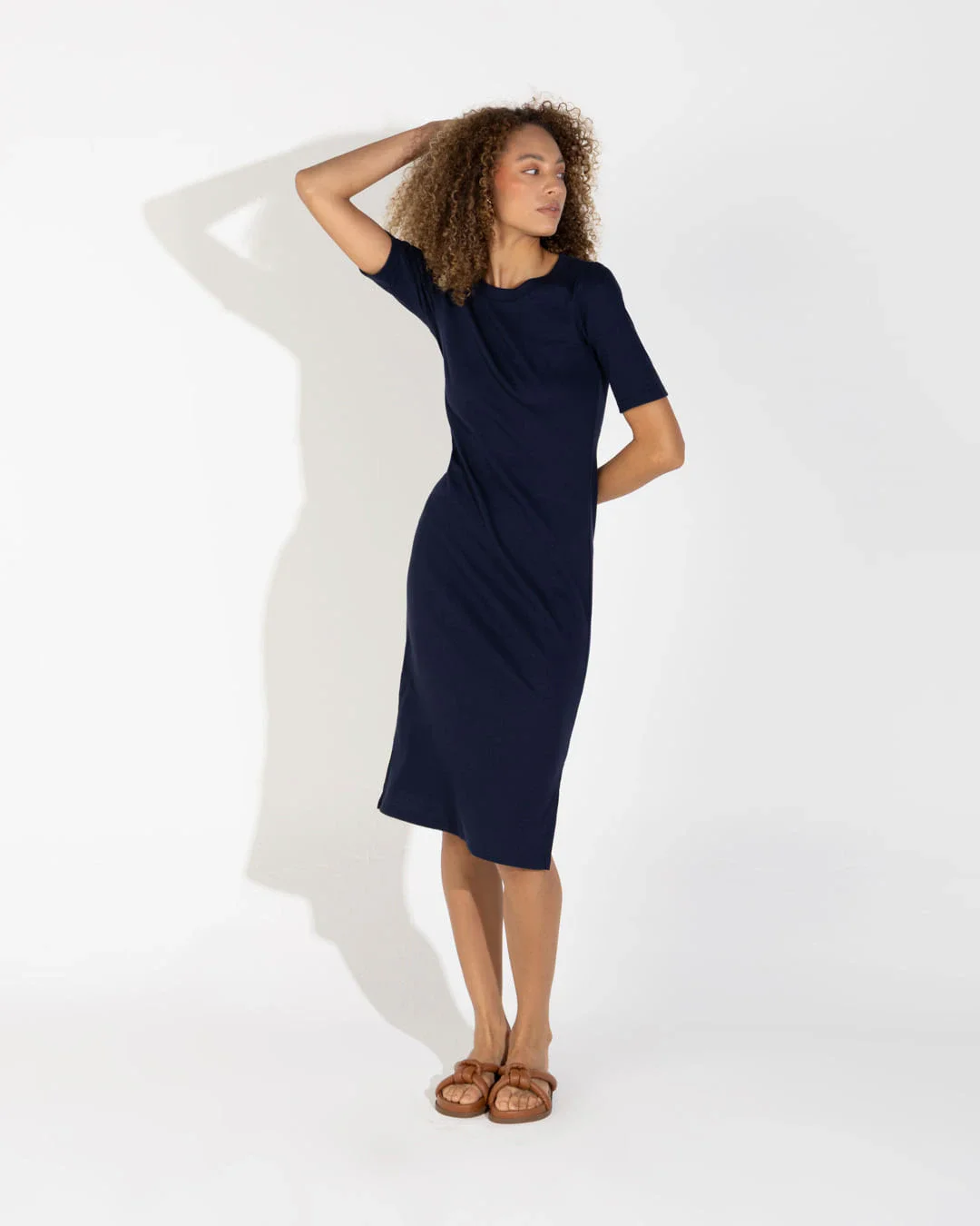 Vestido Midi Canelado Algodão Manga Curta