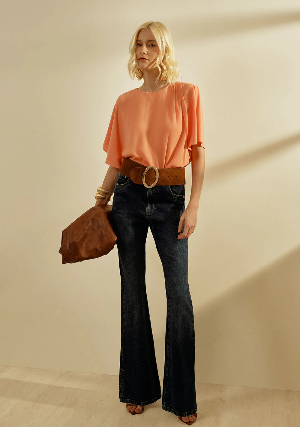 Blusa Iódice Solta Decote Careca Manga Curta Padrão Laranja