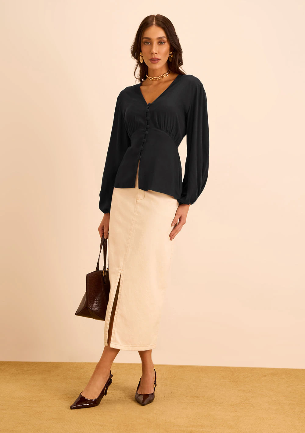 Blusa Maria.Valentina Ajustada Decote V Manga Longa Padrão Preto