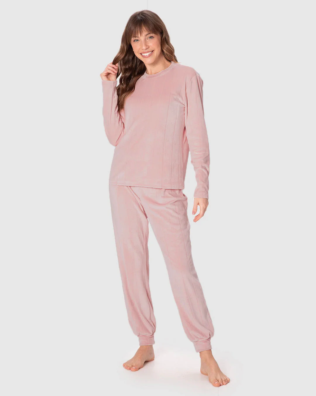 Pijama Longo Feminino Blusa Manga Longa E Calça Em Fleece Texturizado