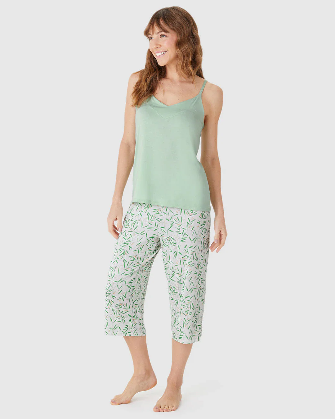 Pijama Longo Feminino Calça Capri Estampada Em Viscose Stretch