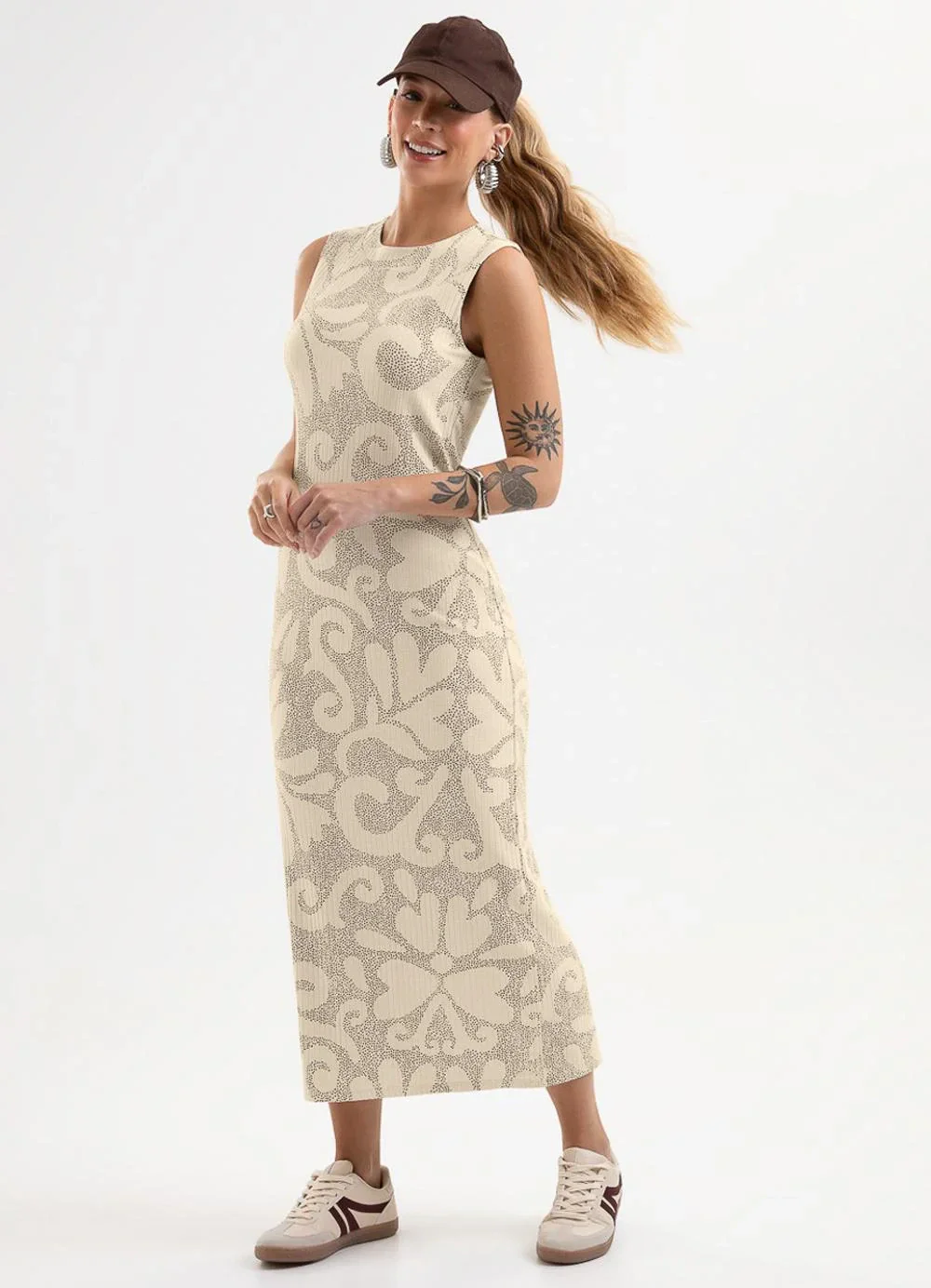Cativa - Vestido Midi Estampado em Canelado Bege