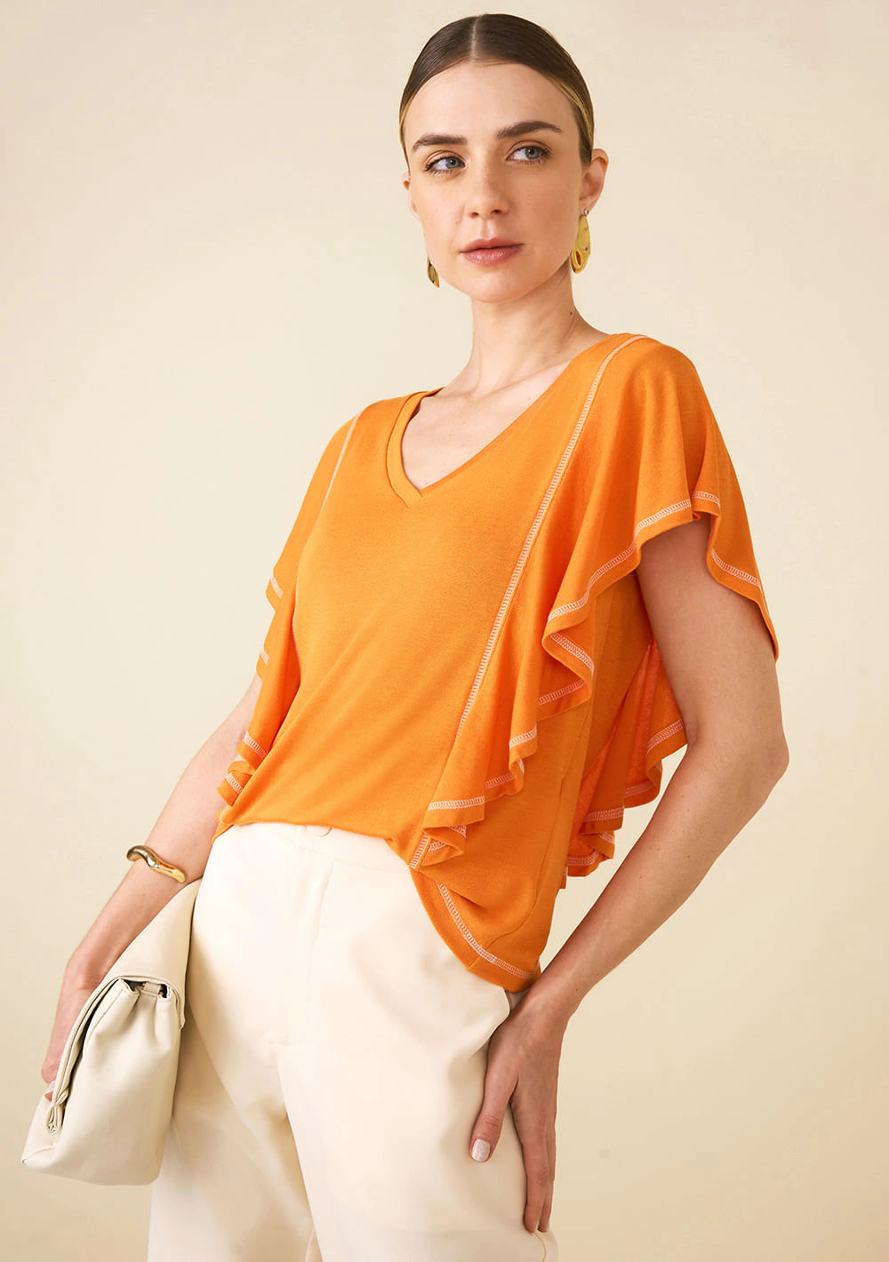Blusa Maria.Valentina Decote V Cavada Detalhe Pesponto Laranja