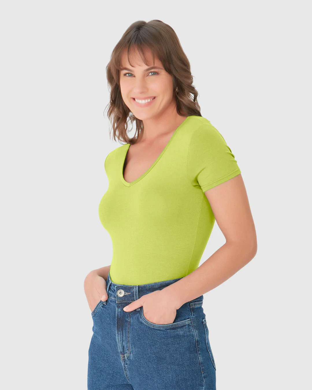 Blusa Básica Feminina Decote V Em Viscose Stretch