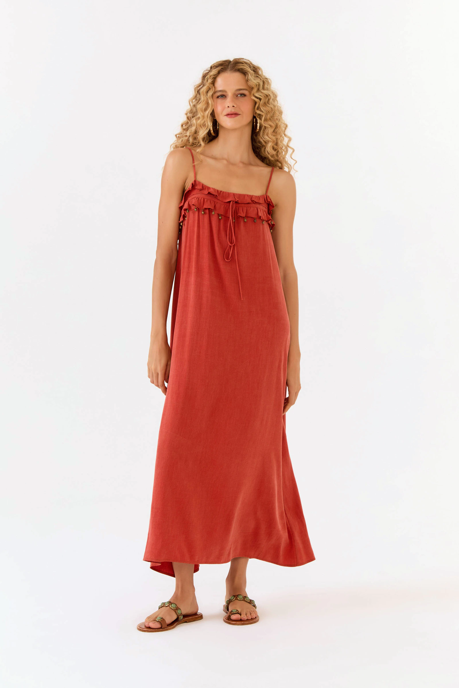 Vestido Midi Decote Babado