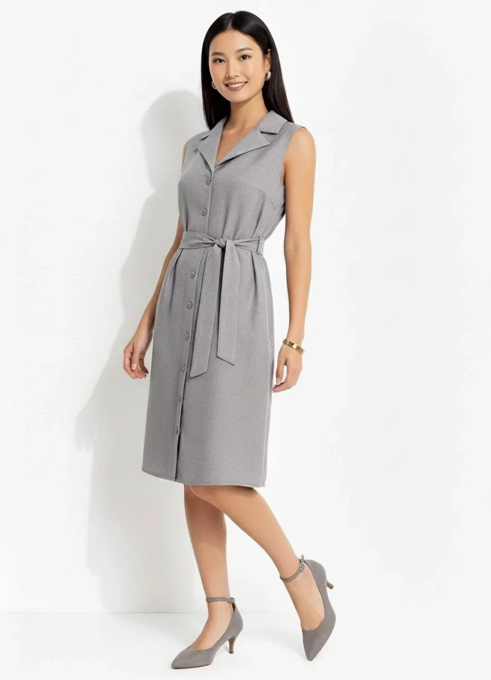 Quintess - Vestido Cinza em com Aspecto de Linho