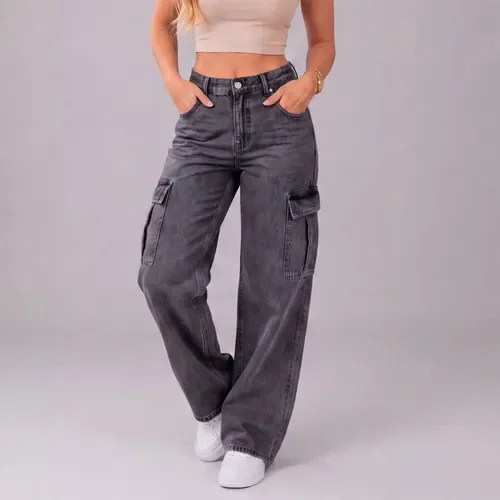 Calça Jeans Wide Leg Cargo Feminina Grafite 34 Ao 44