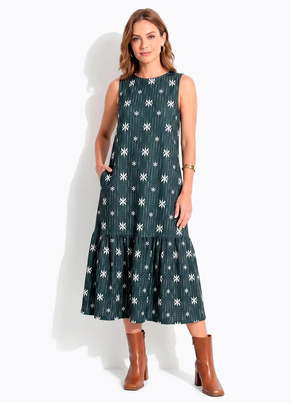 Quintess - Vestido Étnico Verde em Malha Texturizada