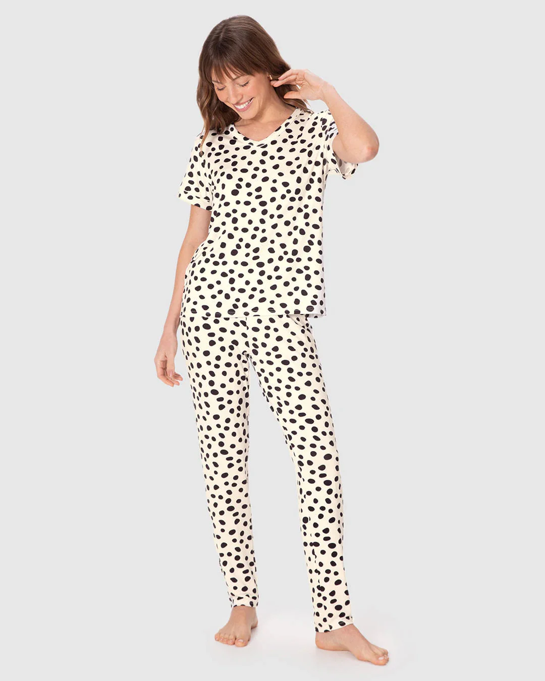 Pijama Longo Feminino Estampa Póa Blusa E Calça Em Viscose Stretch