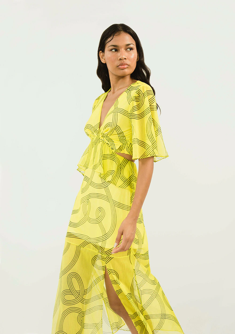 Vestido Zinco Midi Decote V Abertura Lateral Amarelo