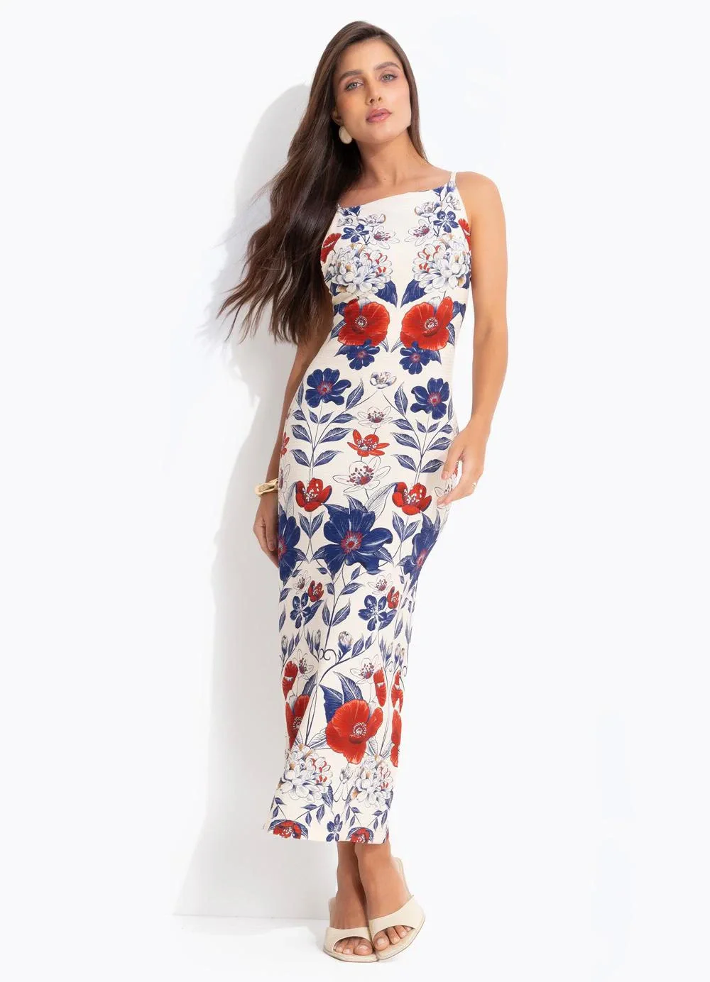 Farm - Vestido Alça Floral Lina Bege