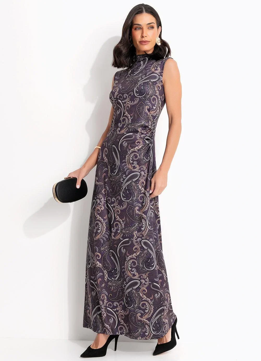 Quintess - Vestido Paisley Roxo em Malha Fria