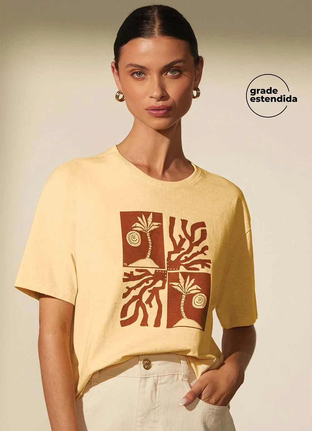 Marialícia - T-Shirt Feminina Eco Linho Estampada Amarelo