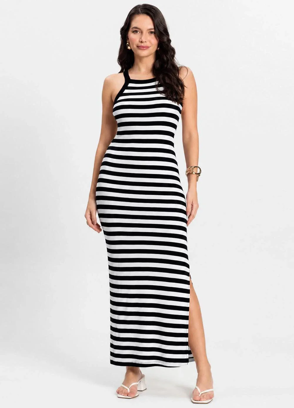 Rovitex - Vestido Midi Listrado em Ribana Preto