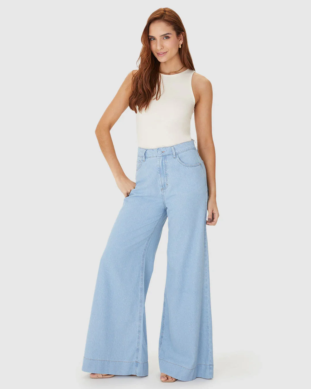 Calça Feminina Pantalona Cintura Alta Em Jeans Leve 100% Algodão