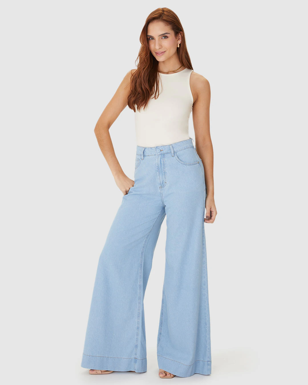 Calça Feminina Pantalona Cintura Alta Em Jeans Leve 100% Algodão