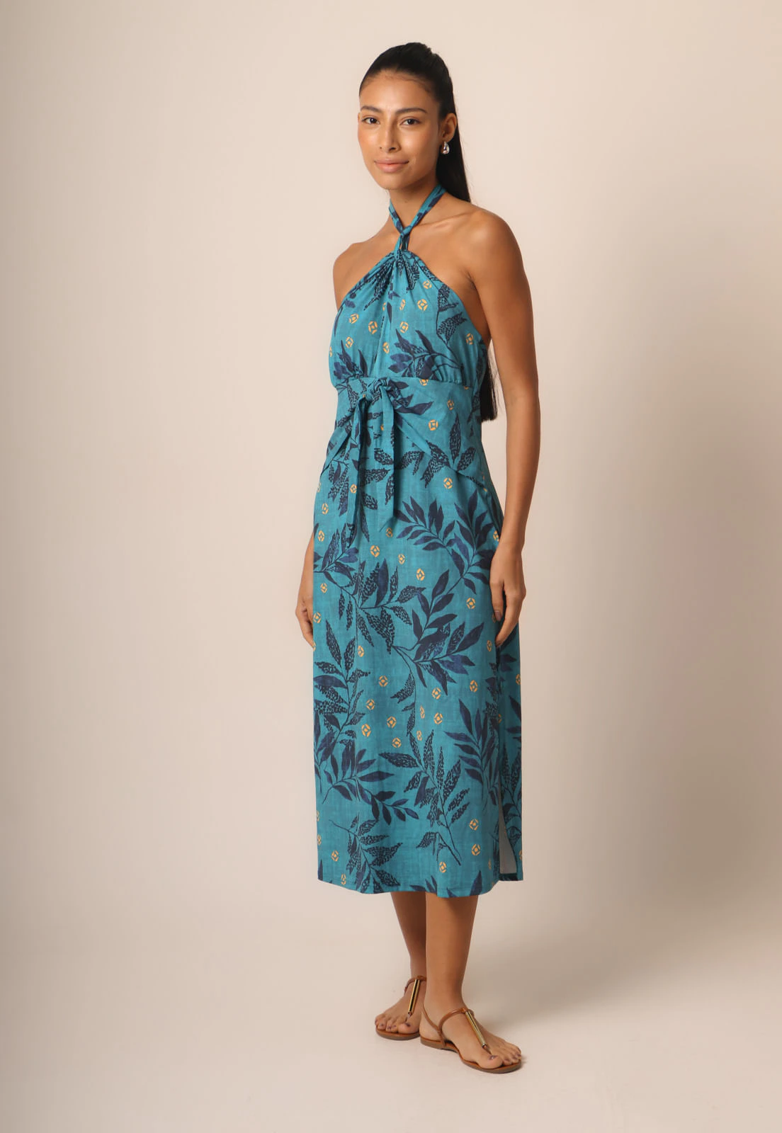 Vestido Fluxy Frente Única Com Faixa - Nature Print Blue