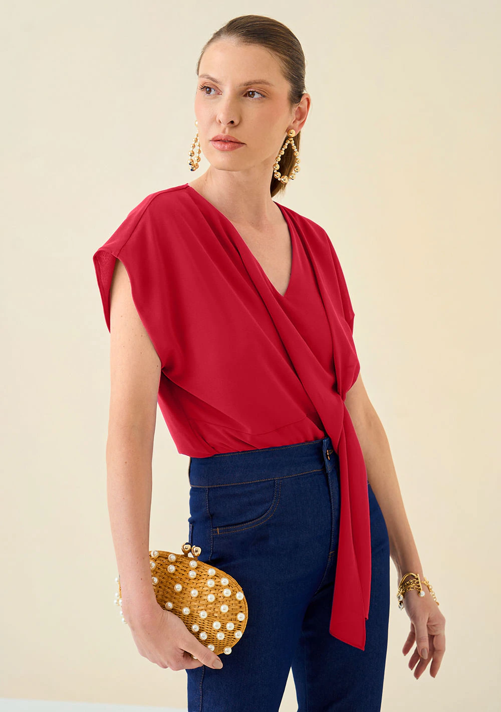 Blusa Maria.Valentina Decote V Cavada Amarração Frente Vermelho