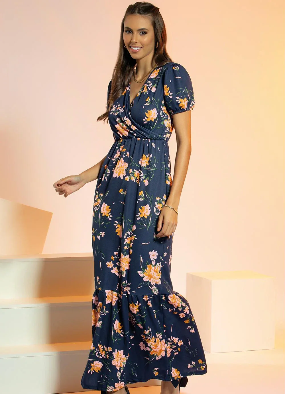 Rosalie - Vestido Longo Floral Marinho