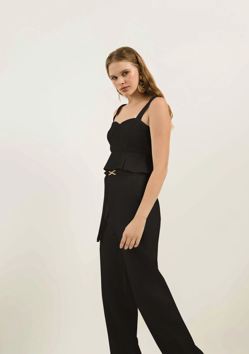 Calça Zinco Pantalona Reta Cós Alto Com Cinto Preto