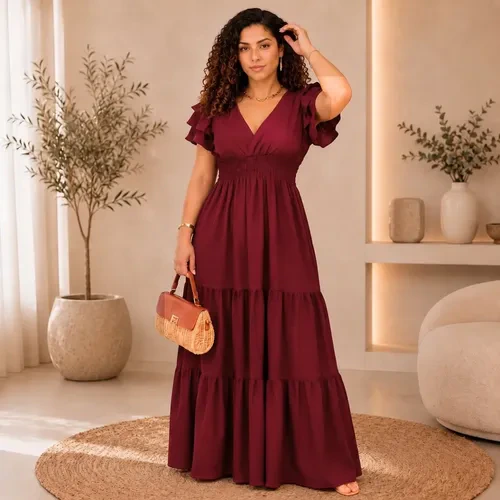 Vestido Feminino Longo Manga 3 Babados Evangélico Madrinha