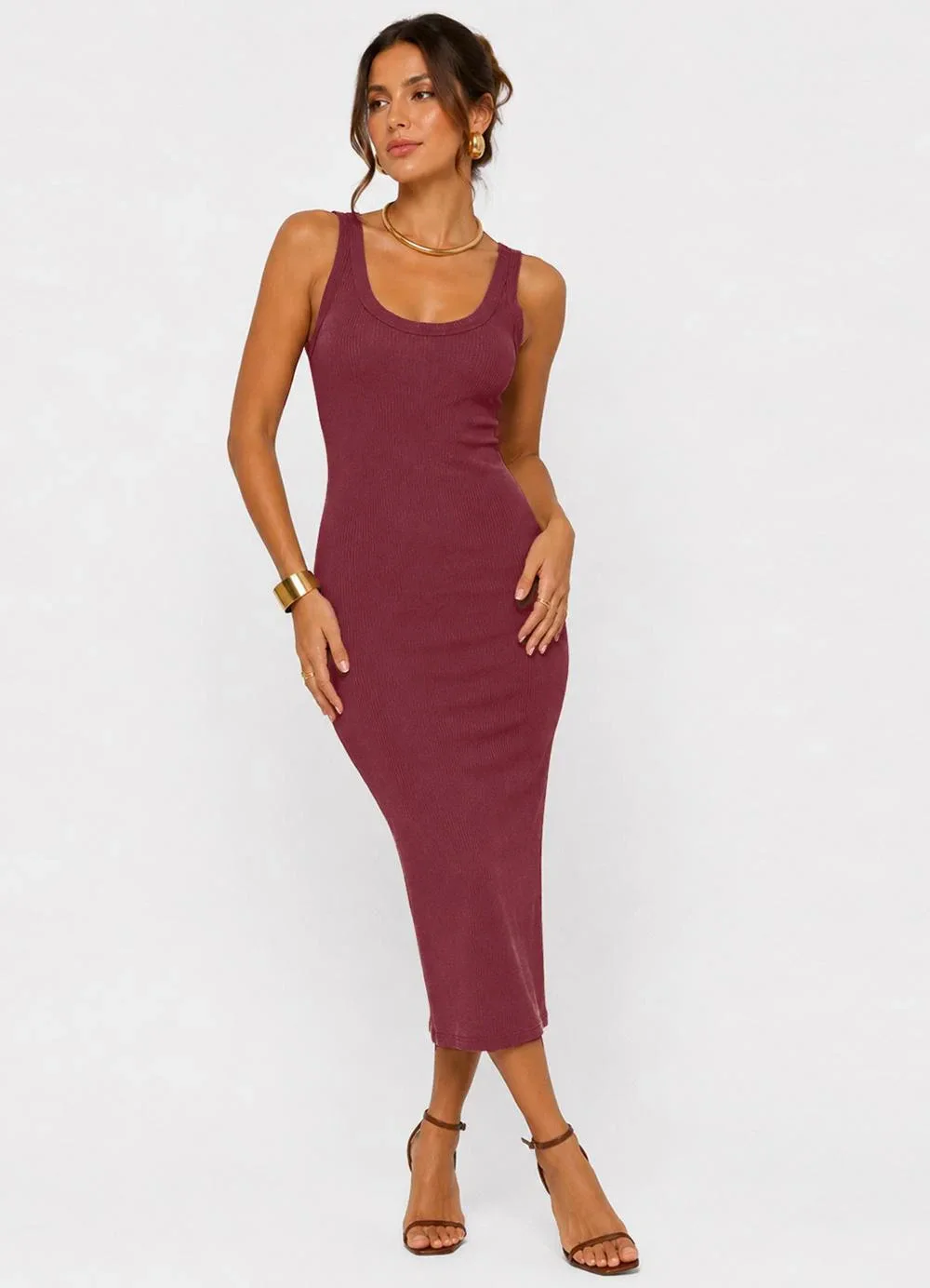 Infinita Cor - Vestido Midi em Ribana Canelada Vermelho