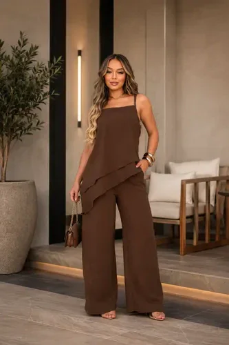 Conjunto Calça Pantalona Blusa Assimétrica Alfaitaria Crepe