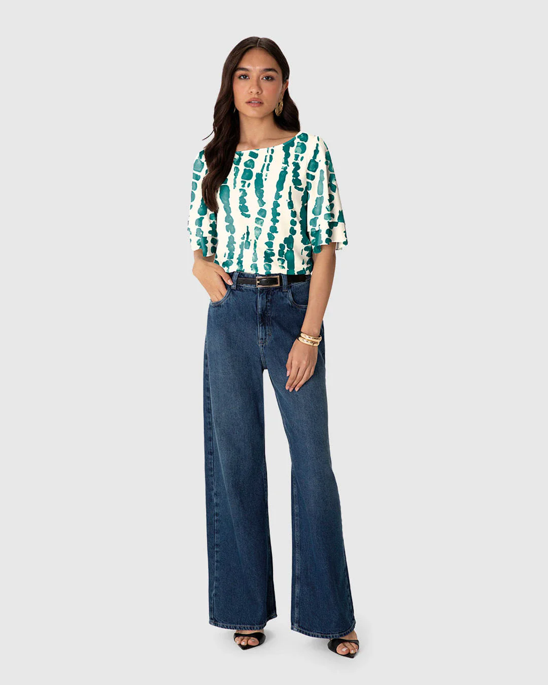 Blusa Reta Feminina Estampada Gola Canoa Manga Ampla Em Viscose - ENFIM