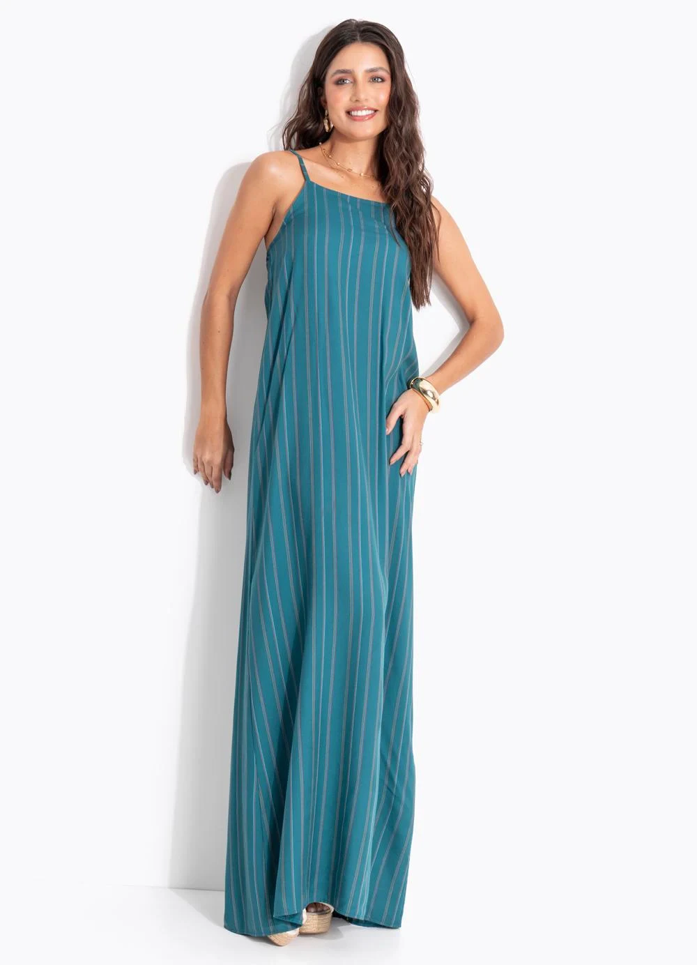 Quintess - Vestido Listrado Verde em Viscose Plana