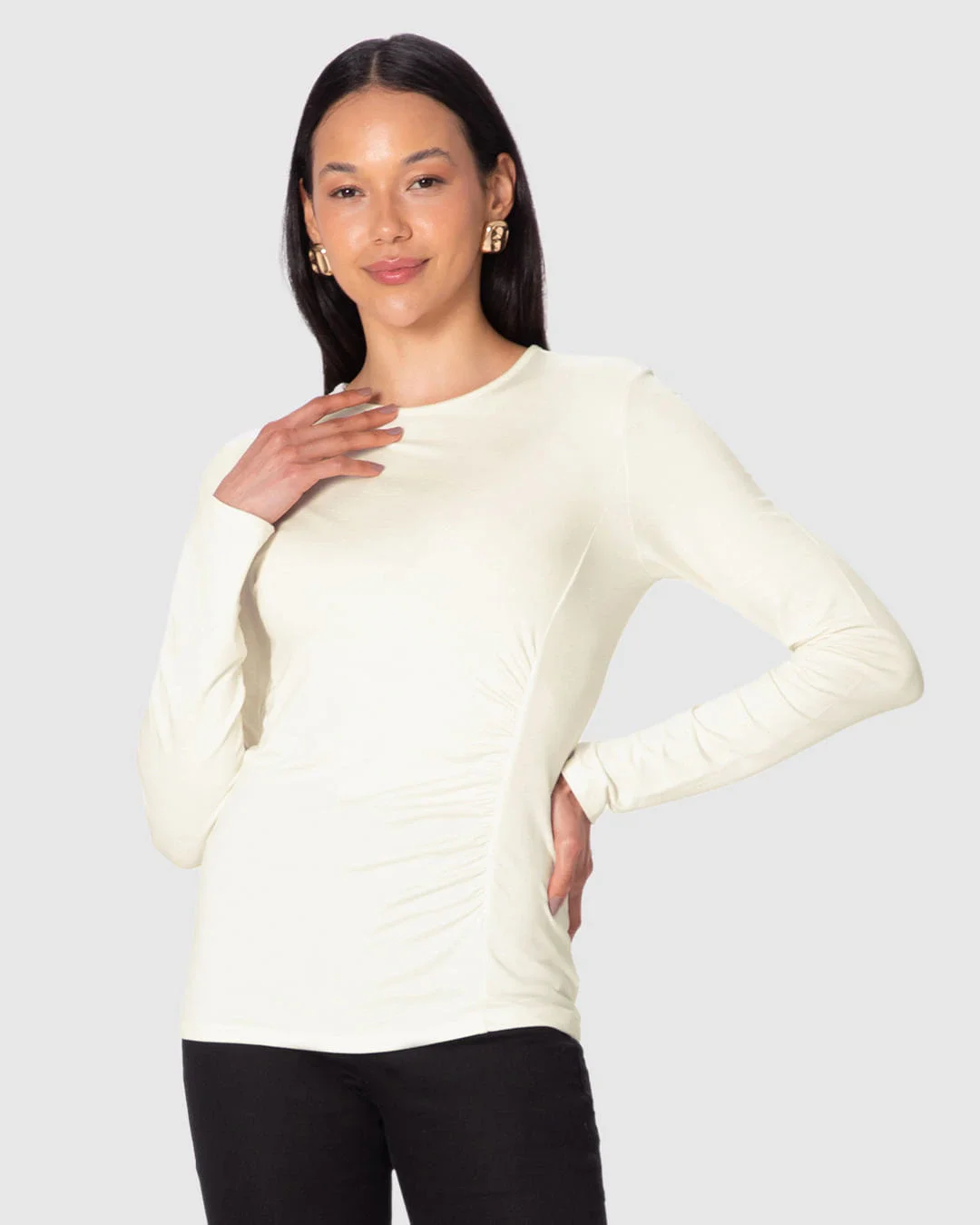 Blusa Feminina Manga Longa Franzido Frontal Em Moletinho De Viscose