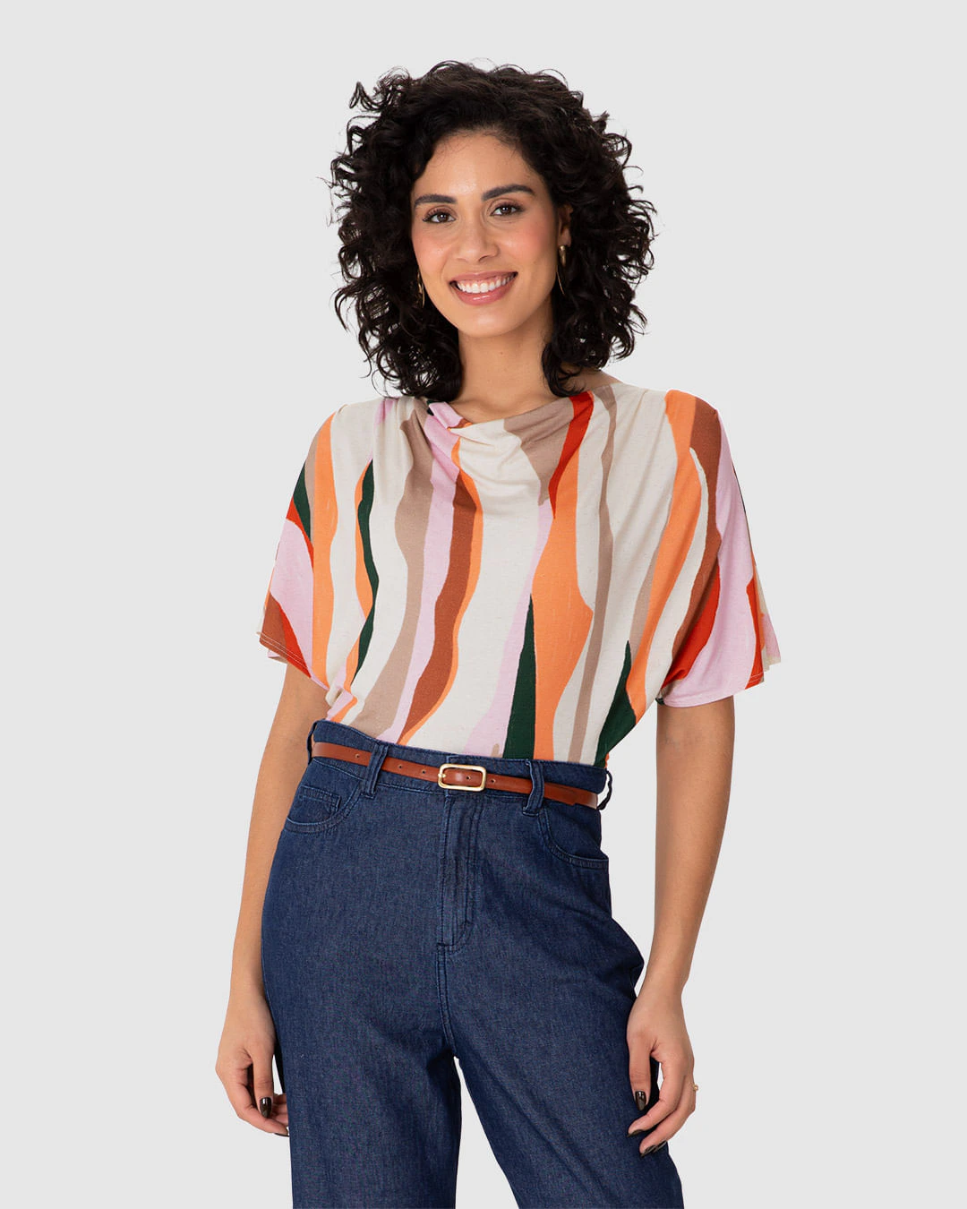 Blusa Ampla Feminina Estampada Decote Drapeado Em Malha Viscolinho Stretch