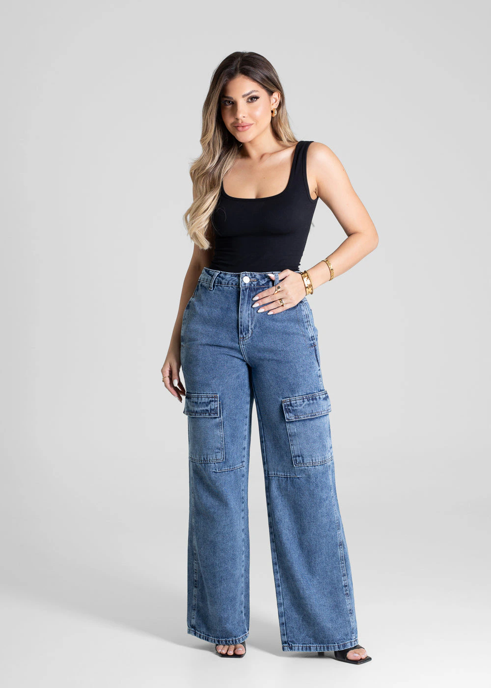 Calça Jeans Sawary Wide Leg Cargo - 280998 AZUL