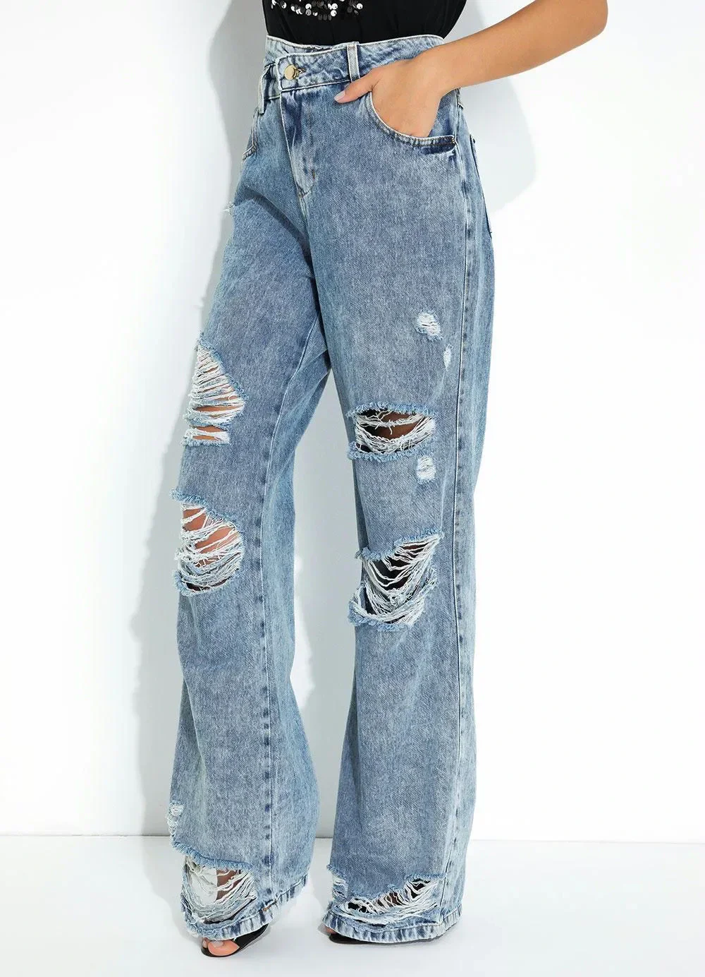 Sawary Jeans - Calça Jeans Wide Leg Destroyed Sawary