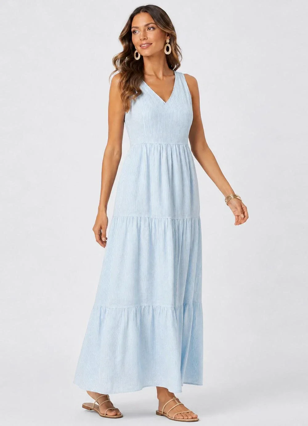 Rovitex - Vestido Midi Feminino Listrado Azul